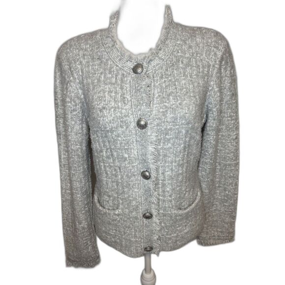 Express Gray Bouclé Knit Button-Down Cardigan Blazer Fringe Trim Womens - Picture 7 of 8